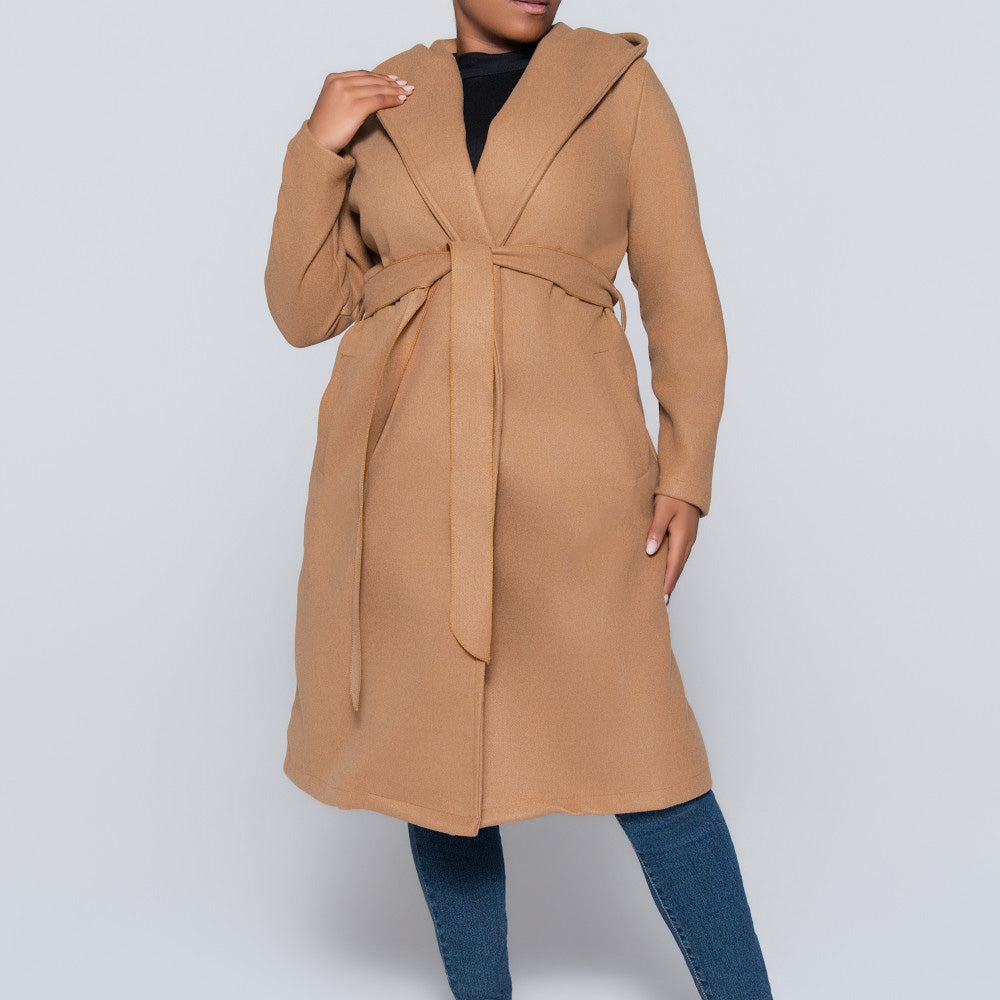 Camel Long Sleeve Plus Size Melton Jacket