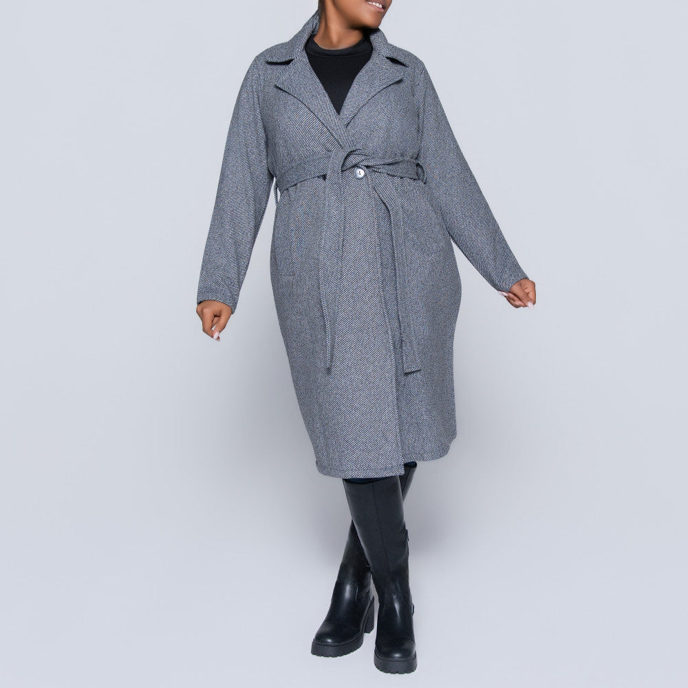 Tie-Belt Charcoal Plus Size Melange Twill Jacket