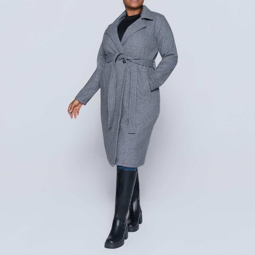 Tie-Belt Charcoal Plus Size Melange Twill Jacket