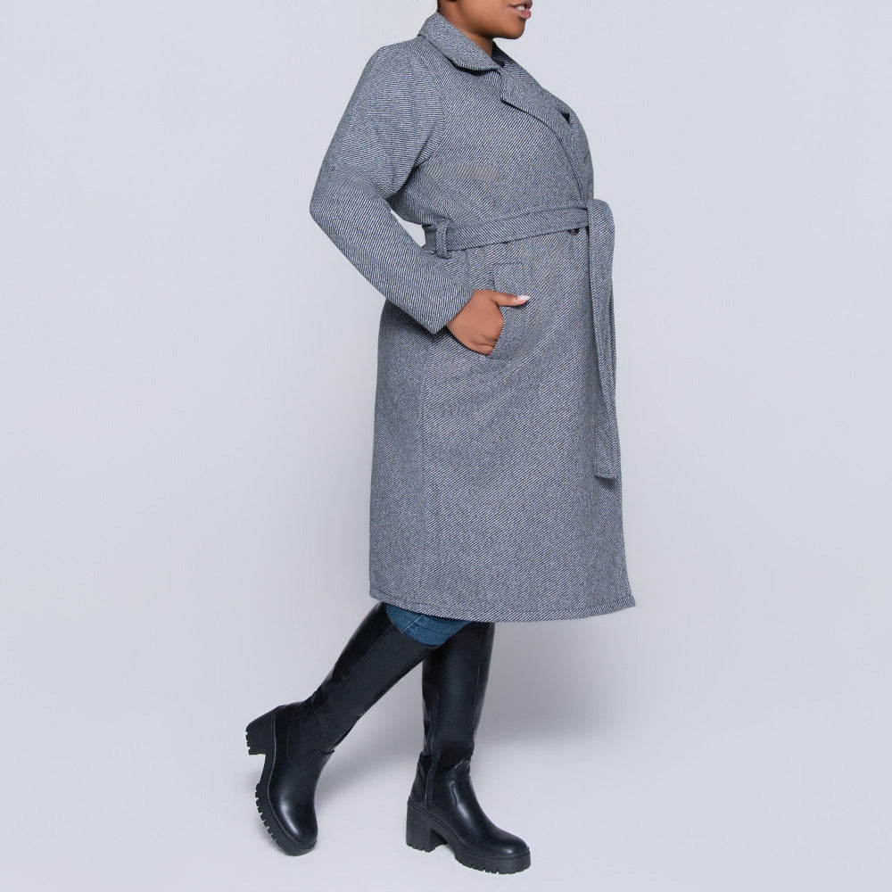 Tie-Belt Charcoal Plus Size Melange Twill Jacket