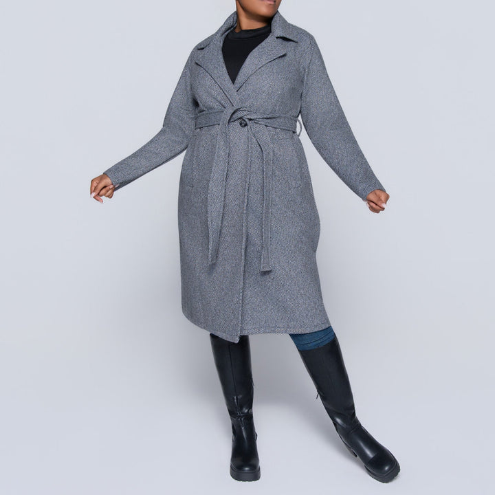 Tie-Belt Charcoal Plus Size Melange Twill Jacket