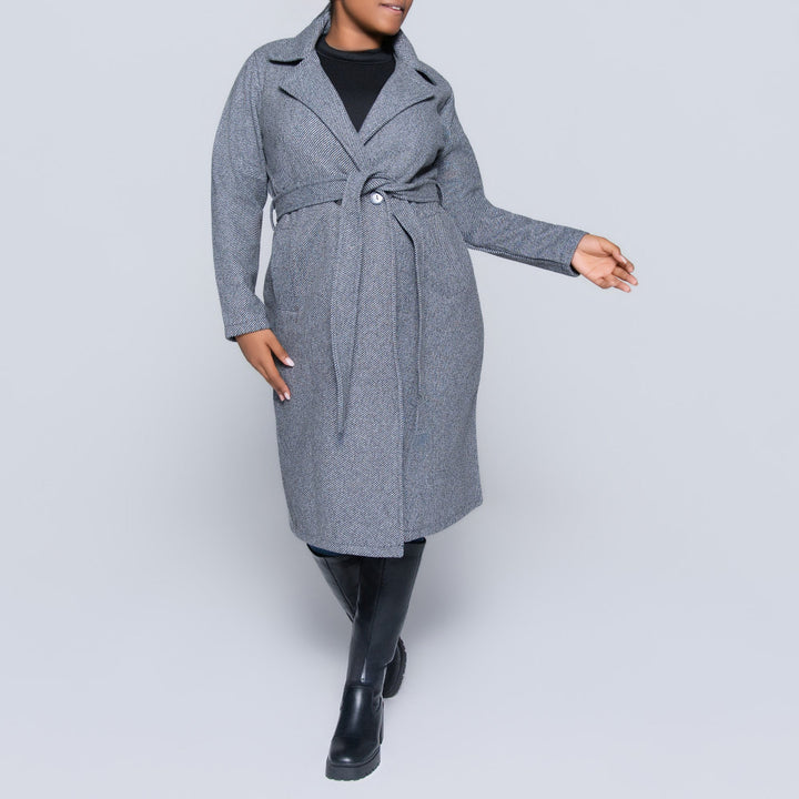 Tie-Belt Charcoal Plus Size Melange Twill Jacket