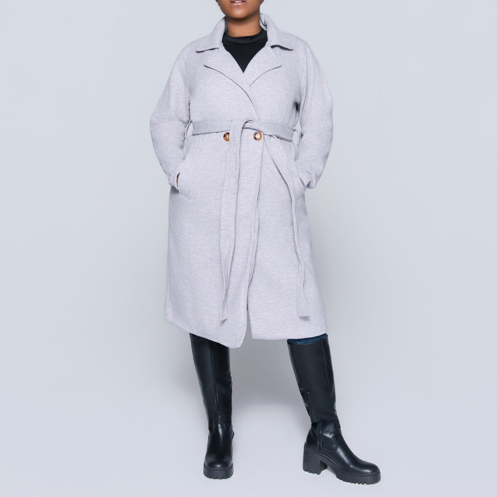 Tie-Belt Light Mink Plus Size Melange Twill Jacket