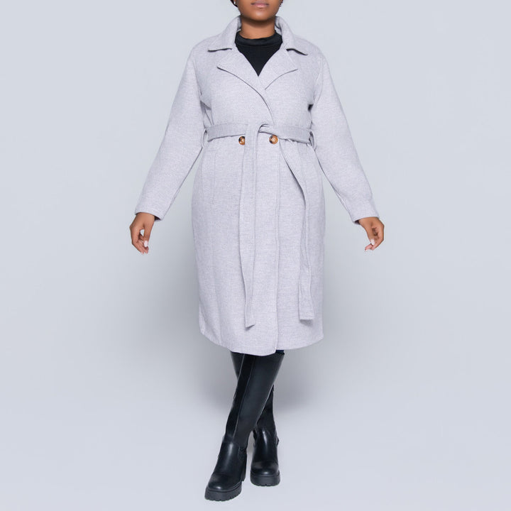 Tie-Belt Light Mink Plus Size Melange Twill Jacket