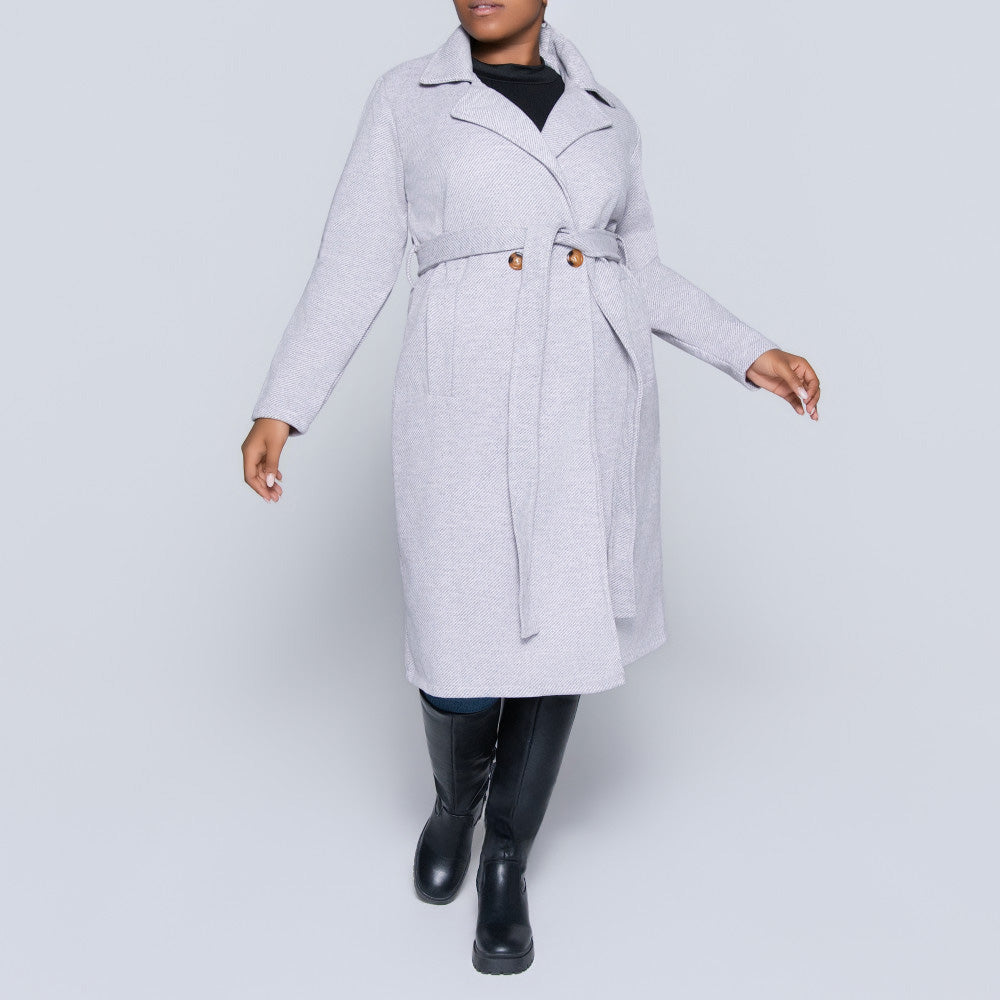 Tie-Belt Light Mink Plus Size Melange Twill Jacket