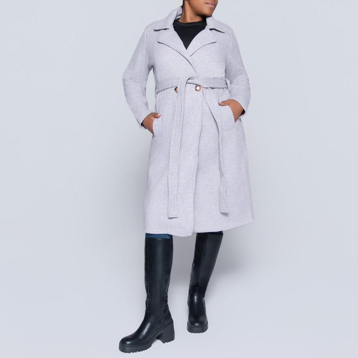 Tie-Belt Light Mink Plus Size Melange Twill Jacket