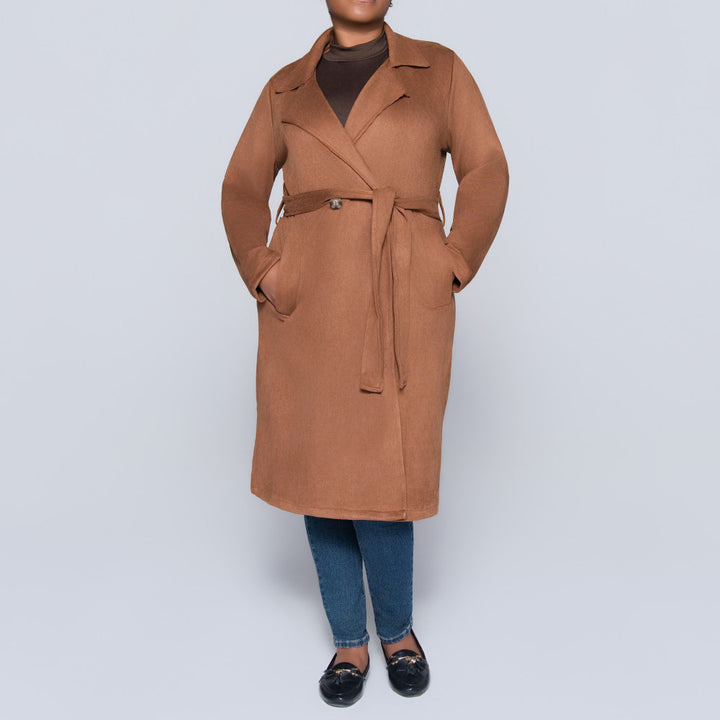 Plus Size Tan Long Sleeve Suede Scuba Jacket