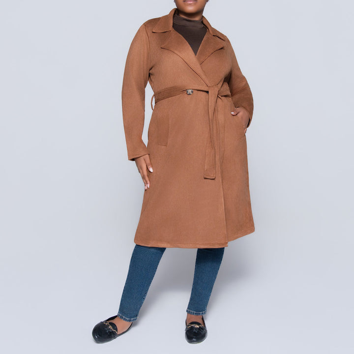 Plus Size Tan Long Sleeve Suede Scuba Jacket