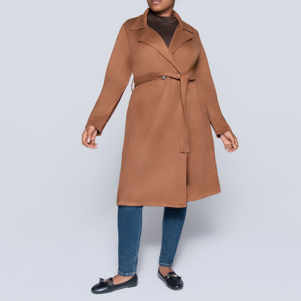 Plus Size Tan Long Sleeve Suede Scuba Jacket