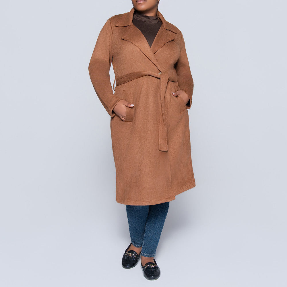Plus Size Tan Long Sleeve Suede Scuba Jacket