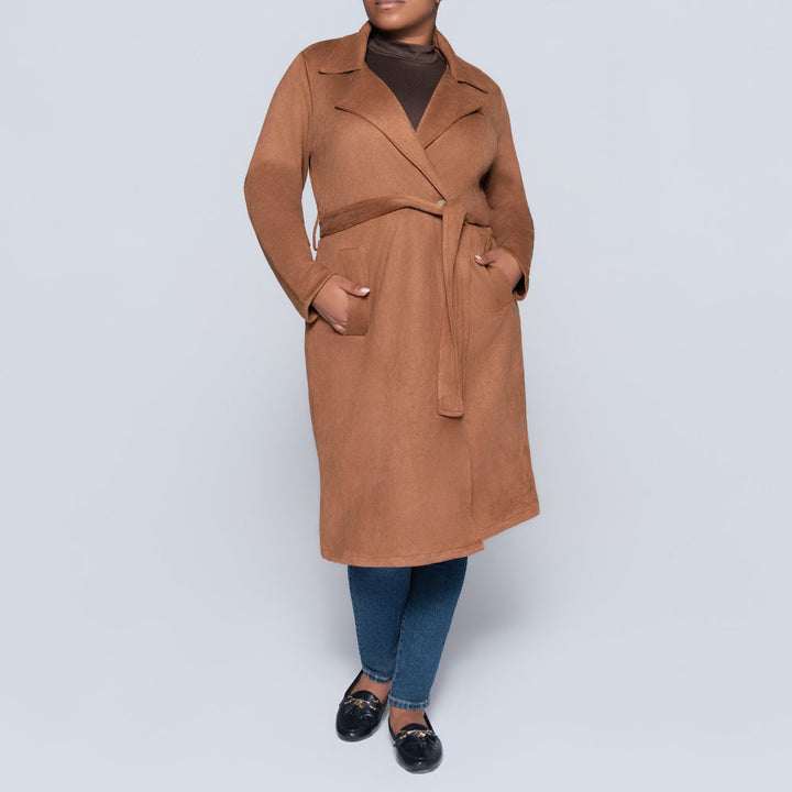 Plus Size Tan Long Sleeve Suede Scuba Jacket