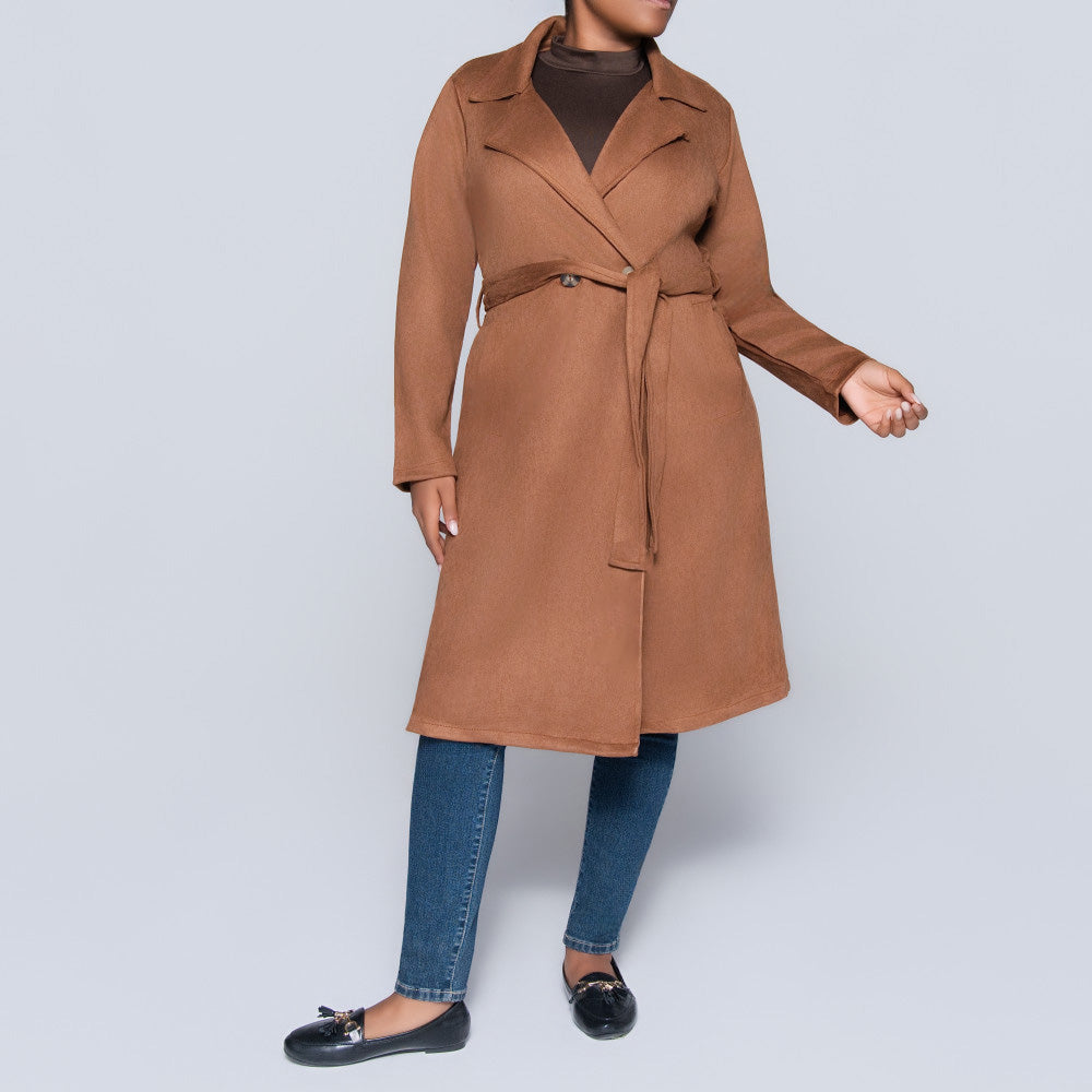 Plus Size Tan Long Sleeve Suede Scuba Jacket
