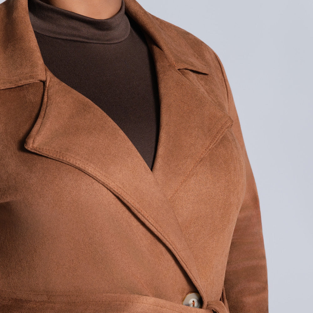 Plus Size Tan Long Sleeve Suede Scuba Jacket