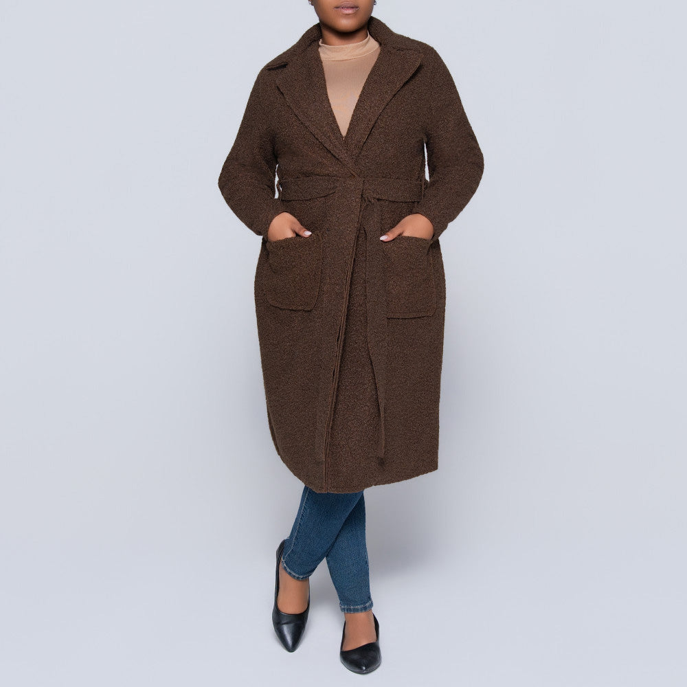 Plus Size Long Sleeve Choc Boucle Melton Jacket