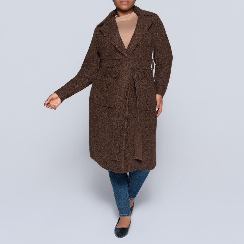 Plus Size Long Sleeve Choc Boucle Melton Jacket