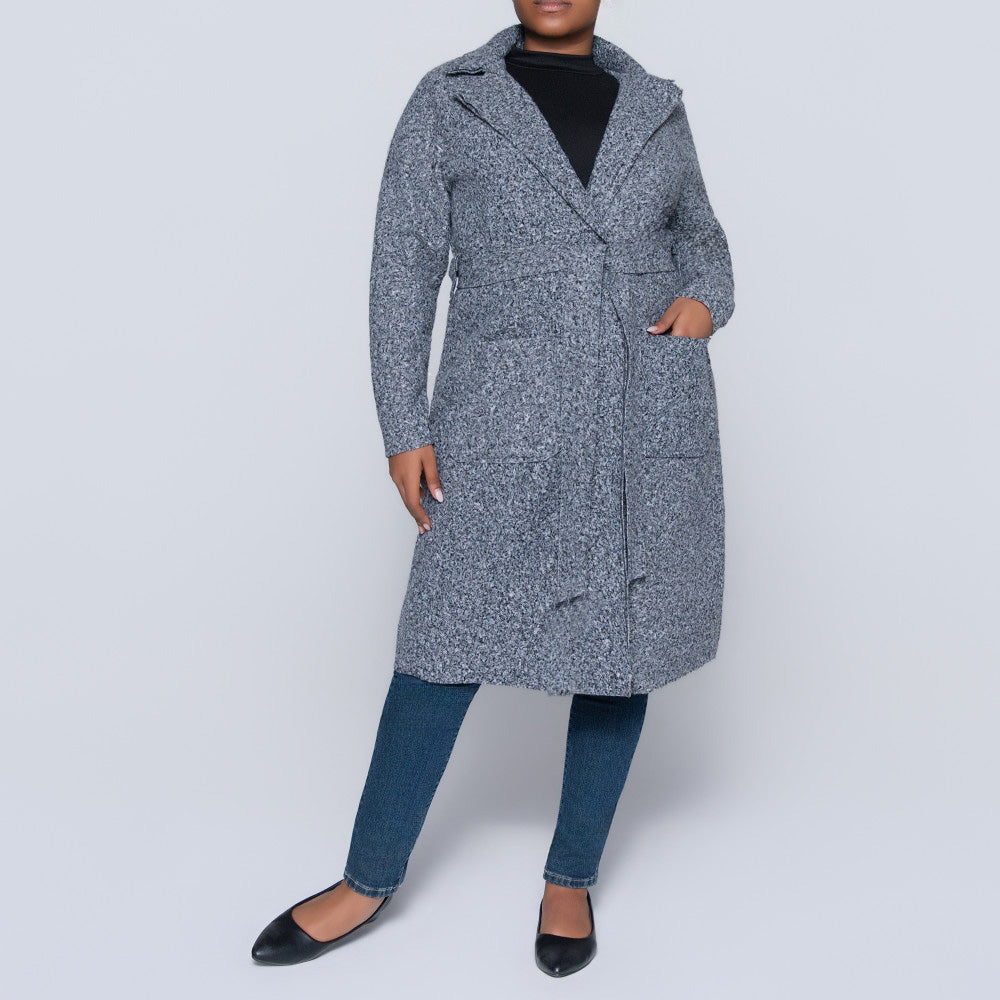 Plus Size Long Sleeve Grey Boucle Melton Jacket