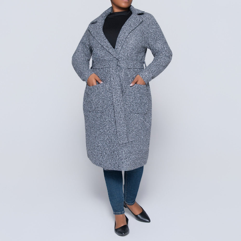 Plus Size Long Sleeve Grey Boucle Melton Jacket