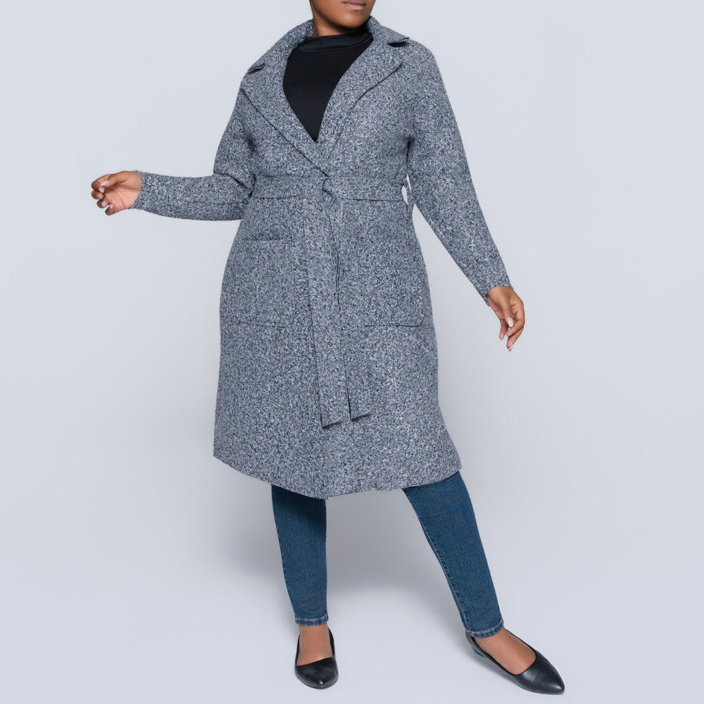 Plus Size Long Sleeve Grey Boucle Melton Jacket