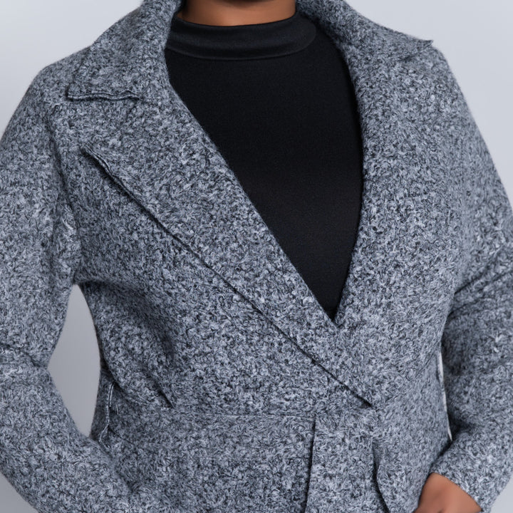 Plus Size Long Sleeve Grey Boucle Melton Jacket