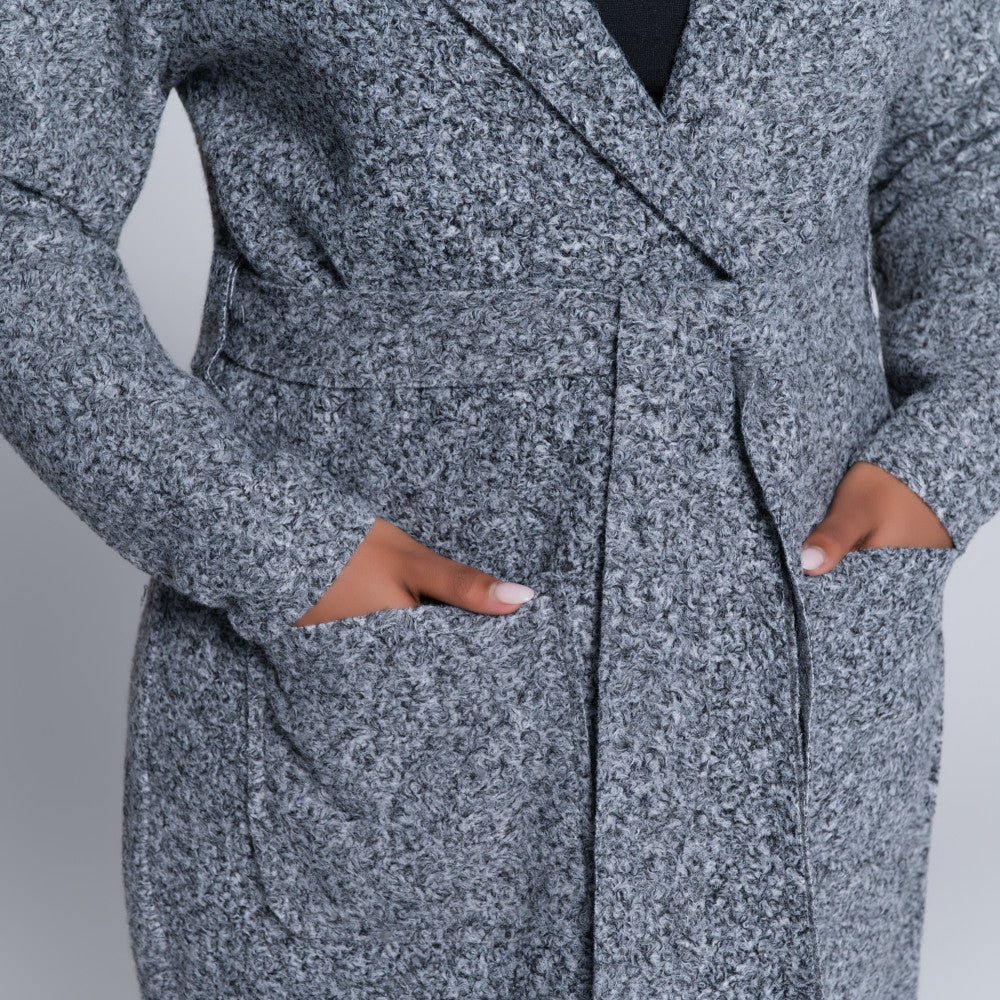Plus Size Long Sleeve Grey Boucle Melton Jacket