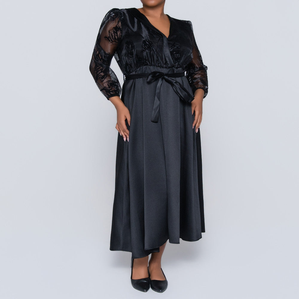 Long Sleeve Black Plus Size Organza Dress