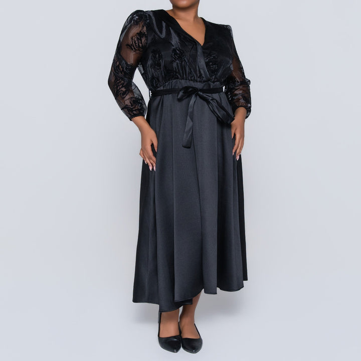 Long Sleeve Black Plus Size Organza Dress