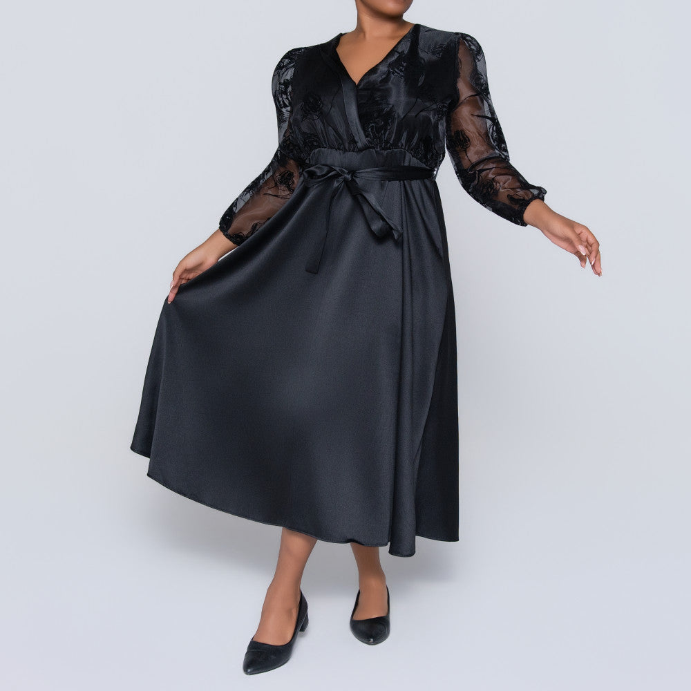 Long Sleeve Black Plus Size Organza Dress
