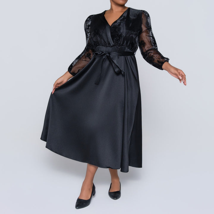 Long Sleeve Black Plus Size Organza Dress
