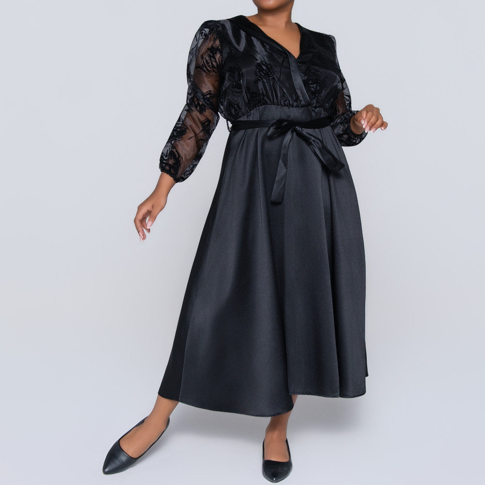 Long Sleeve Black Plus Size Organza Dress