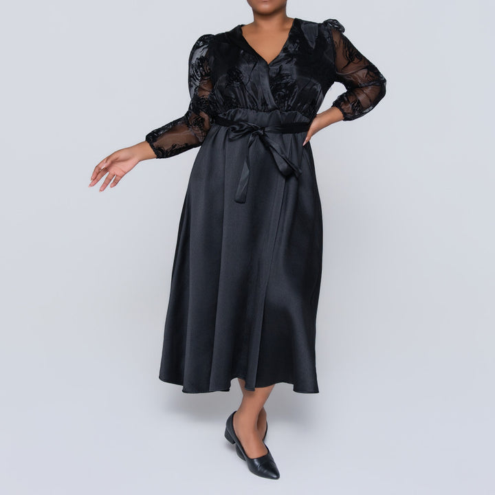 Long Sleeve Black Plus Size Organza Dress
