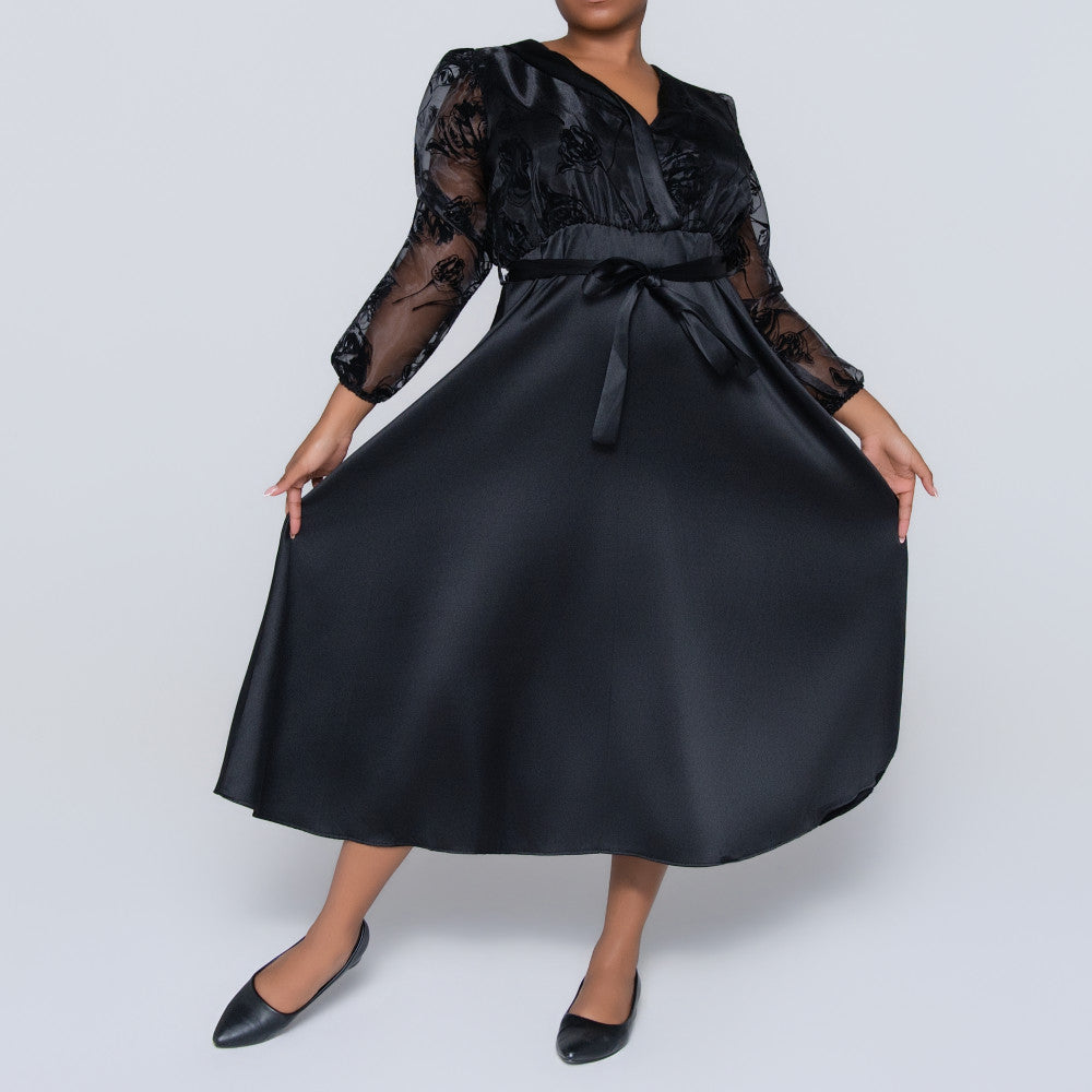 Long Sleeve Black Plus Size Organza Dress