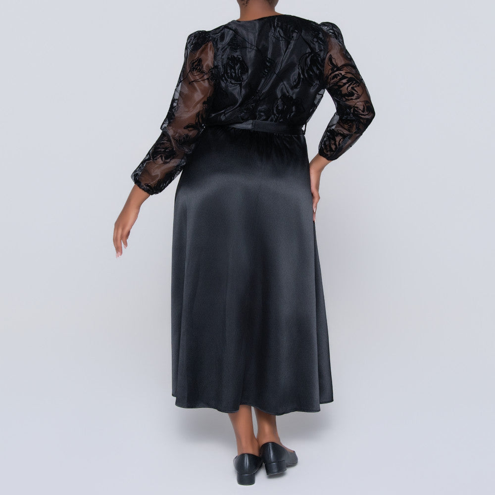 Long Sleeve Black Plus Size Organza Dress