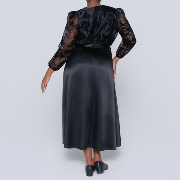 Long Sleeve Black Plus Size Organza Dress