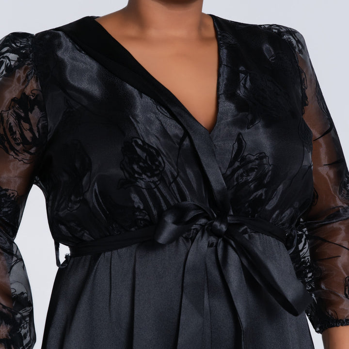 Long Sleeve Black Plus Size Organza Dress