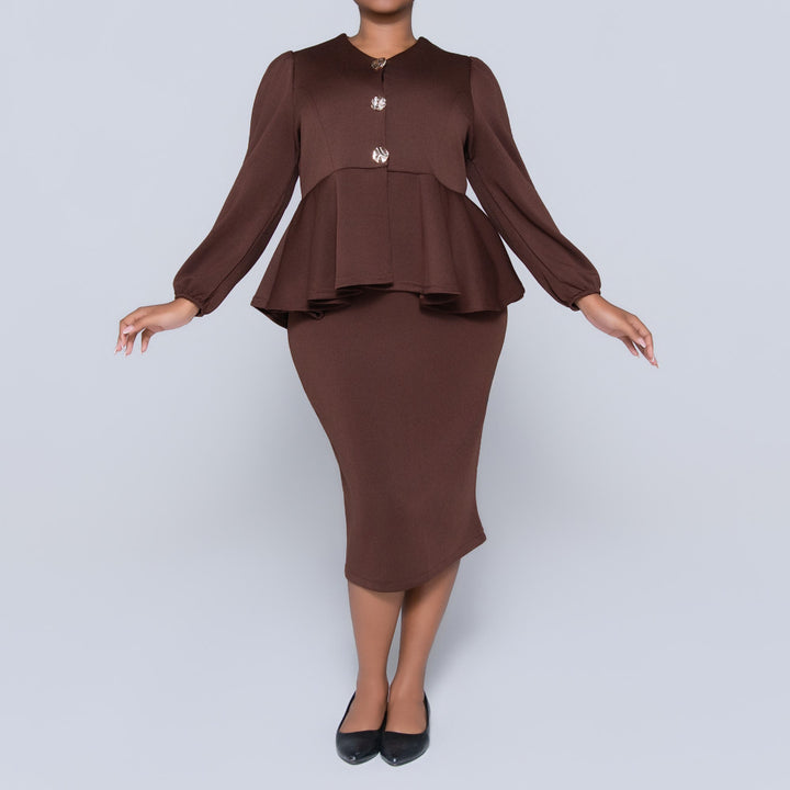 Plus Size Long Sleeve Peplum Chocolate Top