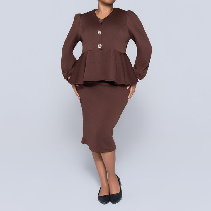 Plus Size Long Sleeve Peplum Chocolate Top