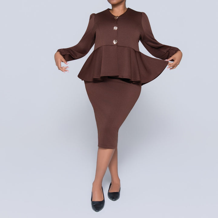Plus Size Long Sleeve Peplum Chocolate Top