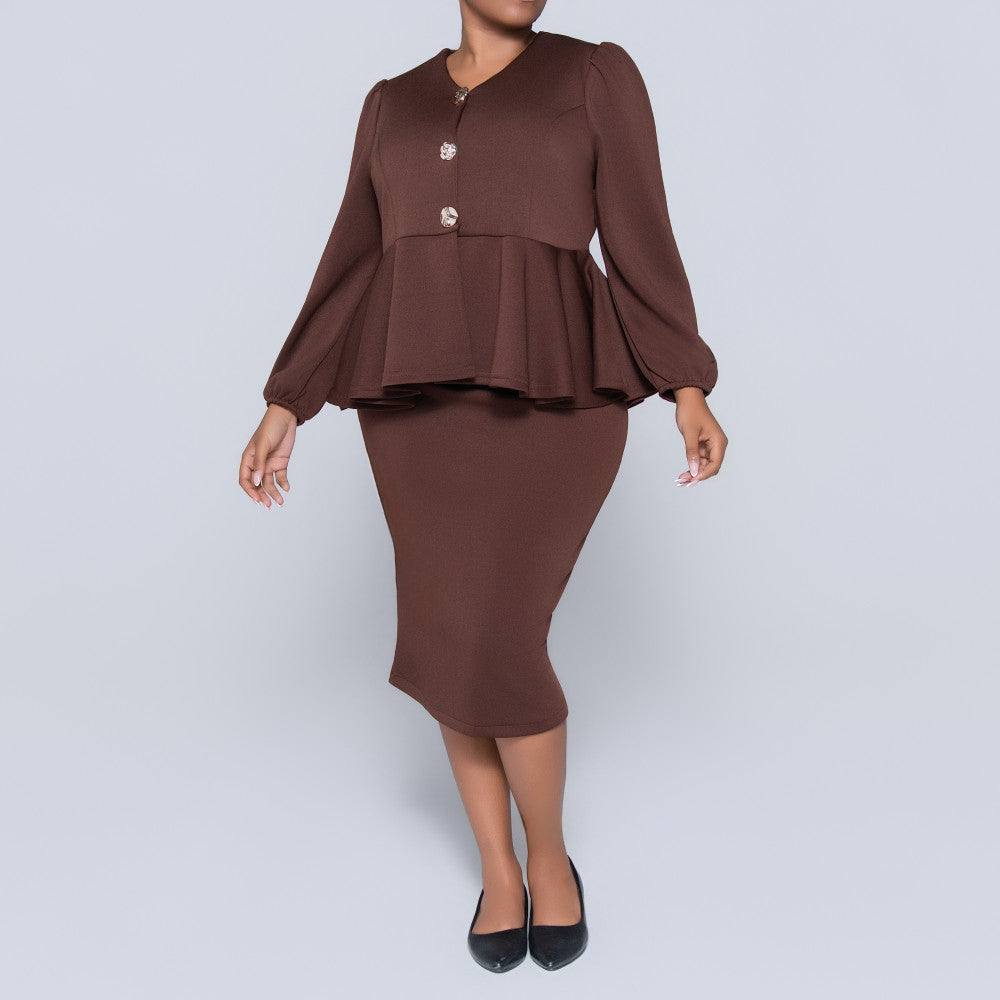 Plus Size Long Sleeve Peplum Chocolate Top