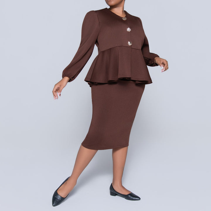 Plus Size Long Sleeve Peplum Chocolate Top