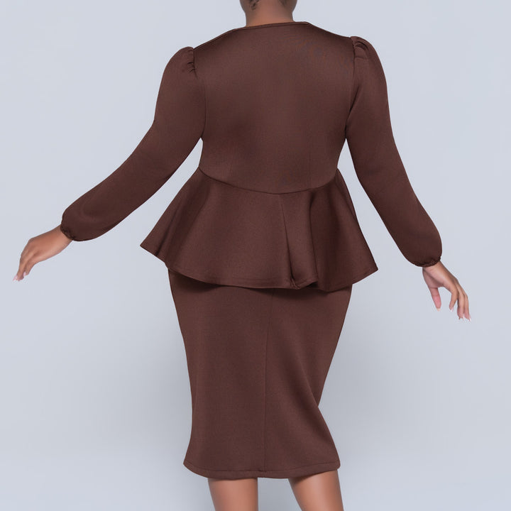 Plus Size Long Sleeve Peplum Chocolate Top