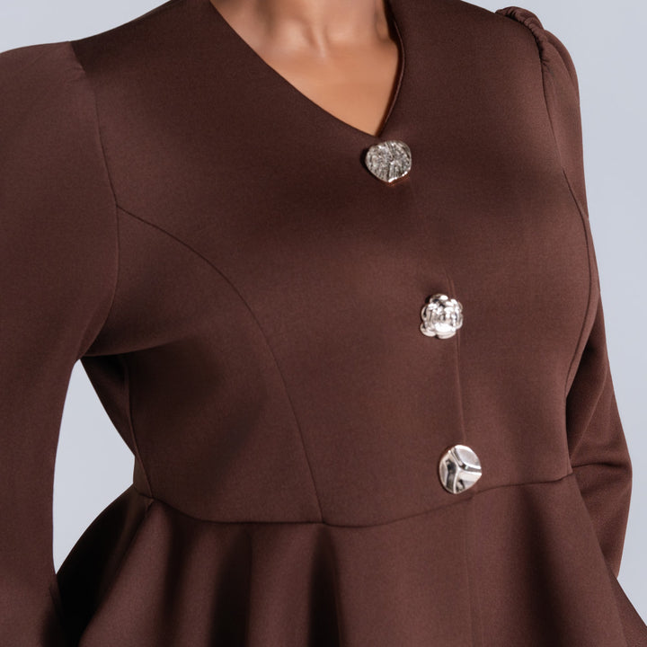 Plus Size Long Sleeve Peplum Chocolate Top