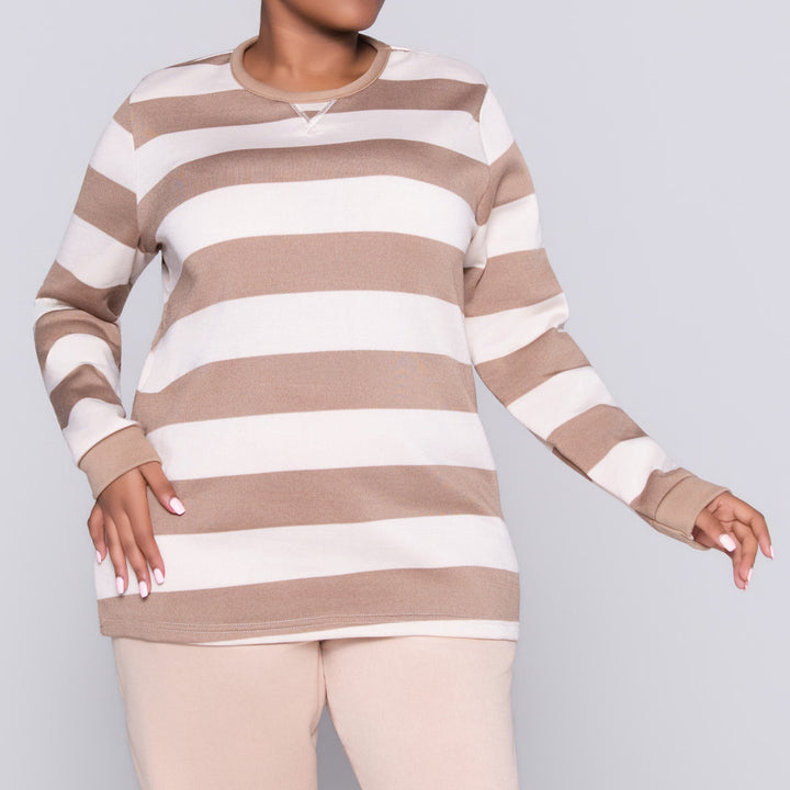 Taupe Plus Size Striped Track Top