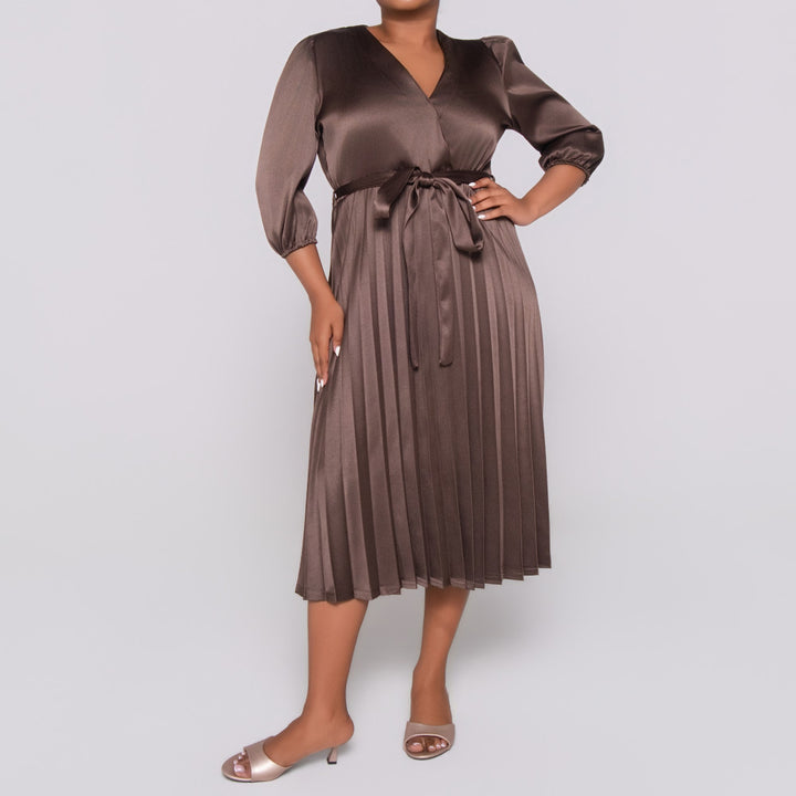Plus Size Tie -Belt Pleated  Nude Dress