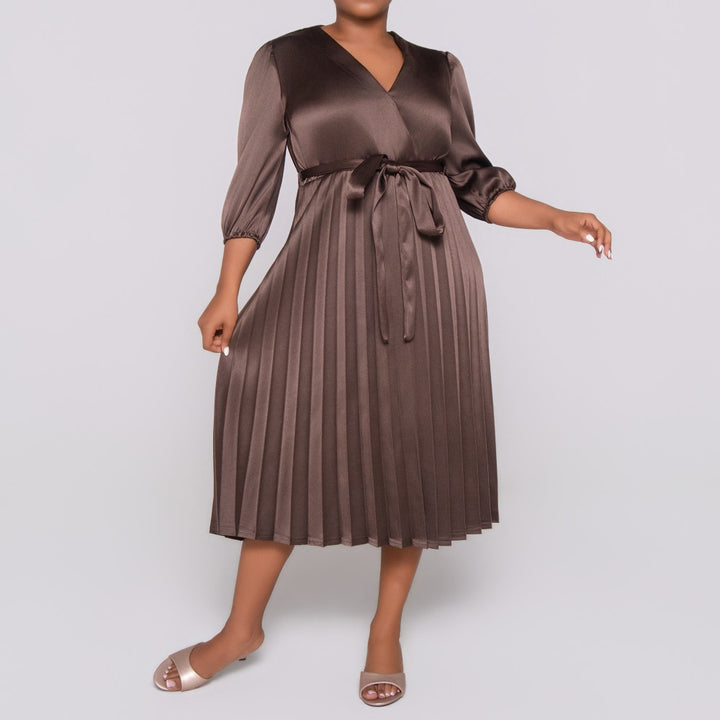 Plus Size Tie -Belt Pleated  Nude Dress