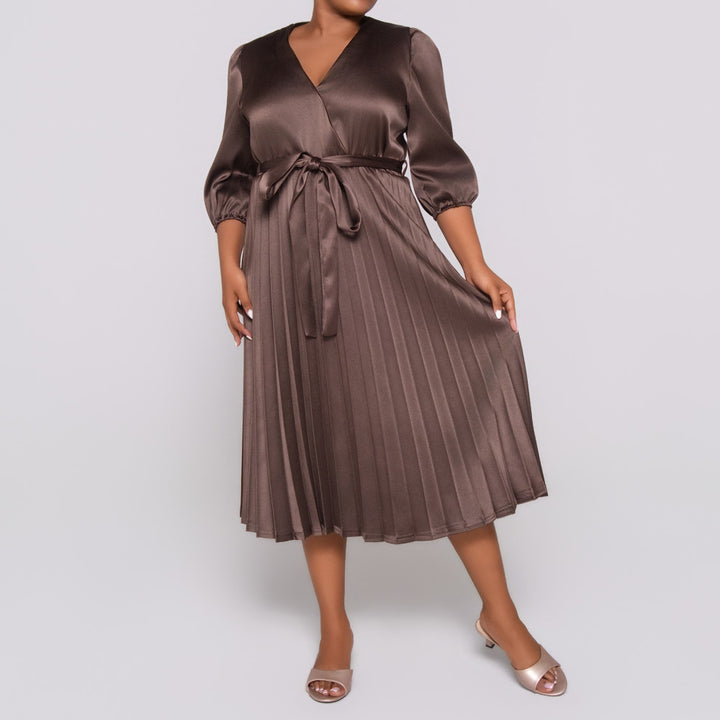 Plus Size Tie -Belt Pleated  Nude Dress