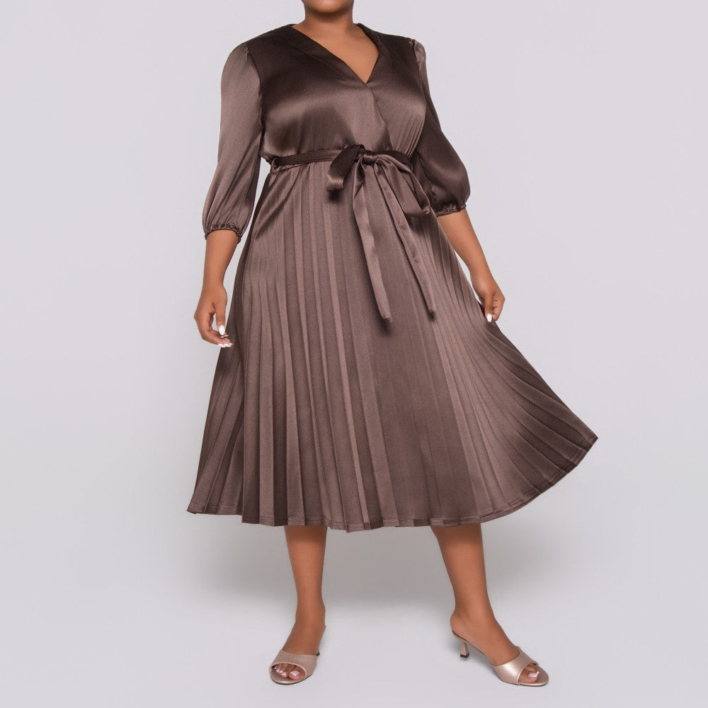 Plus Size Tie -Belt Pleated  Nude Dress