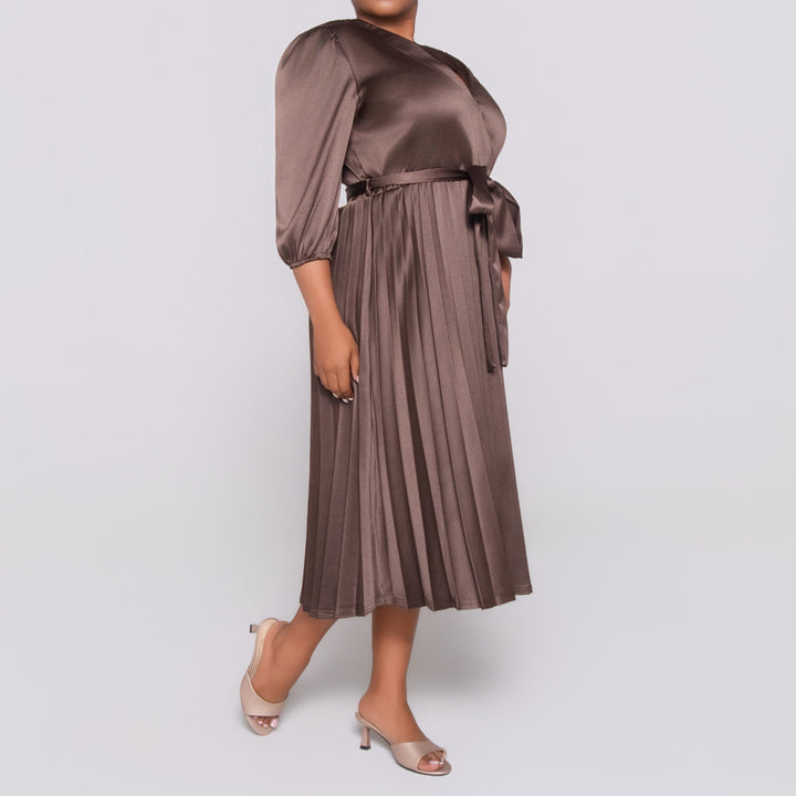 Plus Size Tie -Belt Pleated  Nude Dress