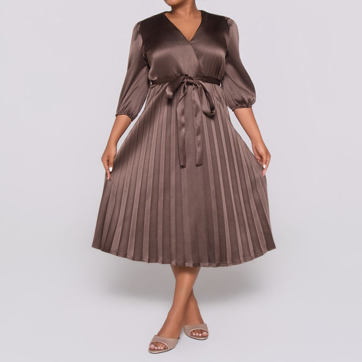 Plus Size Tie -Belt Pleated  Nude Dress