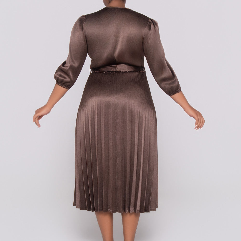 Plus Size Tie -Belt Pleated  Nude Dress