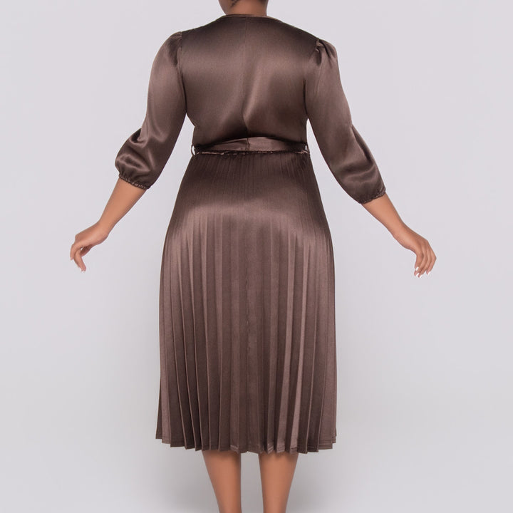 Plus Size Tie -Belt Pleated  Nude Dress